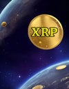 Abstract art, a large gold coin in outer space, with the letters XRP on it, generated by AI.