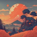 Abstract art of lonely cottage in mountains on the backdrop of rising sun. Royalty Free Stock Photo