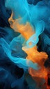 Abstract Art of Minimalistic Orange and Cyan Dense Liquid Smoke on Backdrop
