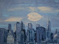 Abstract art painting of New York City towers with fish, eating little fish signed - Eat Porridge