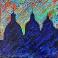 Abstract art painting of three churches