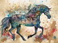 abstract art painting watercolor Arabic horse. Arabic writing and Islamic motifs. Canvas wall decor