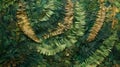 An abstract art piece made entirely out of fern fronds with different shades of green and brown creating a mesmerizing