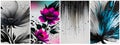 Abstract art posters with flowers and rain, black ink painting with magenta and blue. AI generated.