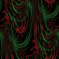 Abstract art, seamless pattern, background. Curved red and green shapes, falling down, on black background.