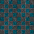 Abstract art, seamless pattern, background. Square field like in chess. Emboss texture. Gray and aqua.