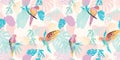 Abstract art seamless pattern with parrots and tropical leaves. Modern exotic design