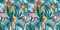 Abstract art seamless pattern with parrots and tropical plants. Modern exotic design