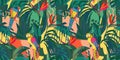 Abstract art seamless pattern with parrots and tropical plants. Modern exotic design