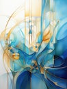 Abstract art with shades of blue and gold, flowing lines and geometric shapes