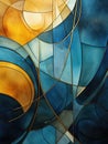 Abstract art with shades of blue and gold, flowing lines and geometric shapes