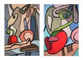 Abstract art. Still life paintings set. Two paintings. Collection. Bright colors. Mosaic art. Royalty Free Stock Photo
