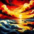 Abstract art of the sunset over the sea with silhouette of boats in waves movement, sky, clouds, water, bold painting design Royalty Free Stock Photo