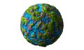 Abstract art of surreal 3d stone ball sphere or planet earth, moon, or asteroid with damages and scratches with green