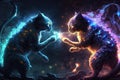 Abstract art in two young cat fighting with laser powerful spotlight coloring.