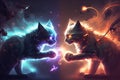 Abstract art in two young cat fighting with laser powerful spotlight coloring.