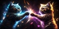 Abstract art in two young cat fighting with laser powerful spotlight coloring.