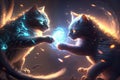 Abstract art in two young cat fighting with laser powerful spotlight coloring.