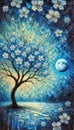 Abstract art with cherry tree on a blue background a imaginative painting poster Royalty Free Stock Photo