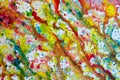 Abstract art of vivid bright colorful watercolor splash and drops on the white paper Royalty Free Stock Photo