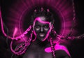 Abstract art with woman with face art. Neon colors. Pink and black body paint. Young girl with colorful bodypaint. An