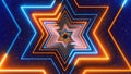 Abstract Artistic Blue And Orange Star Of David Judaism Symbol Lines Neon Light Tunnel With Glittering Sparkle Stardust Royalty Free Stock Photo