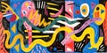 Abstract artistic composition in memphis style featuring vibrant colors, flowing lines, geometric shapes,dynamic contrasts,