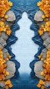 An abstract artistic depiction of a gravity defying waterfall flowing between autumnal oak leaves and grey rocks creating a