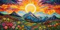 An abstract artistic portrayal of vibrant, serene landscape featuring majestic mountains, lush trees, oversized blossoms