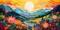 An abstract artistic portrayal of vibrant, serene landscape featuring majestic mountains, lush trees, oversized blossoms