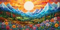 An abstract artistic portrayal of vibrant, serene landscape featuring majestic mountains, lush trees, oversized blossoms