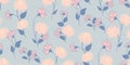 Abstract artistic tiny branches with ditsy flowers, buds and leaves seamless pattern. Vector hand drawn. Pastel blue printing