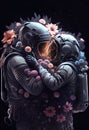 Abstract artwork of the Astronauts in Space full of flowers Hugging. Love in Space Travel Concept. Generative AI