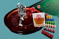 Abstract artwork composite photo collage of eccentric woman play casino roulette get whiskey roll dice isolated on Royalty Free Stock Photo