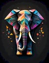 Abstract artwork of an elephant decorated with vibrant, geometric patterns against a dark background, Generative AI