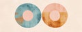 Abstract artwork featuring bold flat shapes with circular patterns in blue and orange hues, creating a serene and