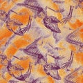 Abstract artwork featuring fish skeleton shapes in vivid hues of orange and purple, creating a dynamic and textured pattern Royalty Free Stock Photo