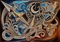 Abstract artwork featuring mythological and celestial Royalty Free Stock Photo