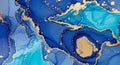 Abstract artwork featuring swirling patterns of blue and teal marbled with metallic gold accents. Royalty Free Stock Photo