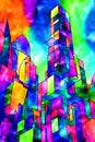 Abstract artwork featuring a vibrant composition of multiple buildings in a cityscape