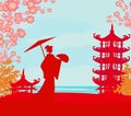 Abstract Asian landscape with a walking geisha Royalty Free Stock Photo