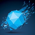 Abstract asymmetric blue vector low poly wrecked object with different triangular particles. 3d origami futuristic form with 3d m