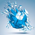 Abstract asymmetric blue vector low poly wrecked object with different triangular particles. 3d origami futuristic form with line