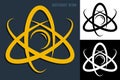 Abstract atom icon. Electrons revolve around proton in orbits. Nuclear power. Vector