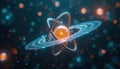 Abstract atom model with glowing nucleus, orbiting electrons, and planetary rings. Digital art concept of subatomic particle Royalty Free Stock Photo