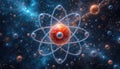Abstract Atom Model with Orbiting Particles Against Nebula Space Background Royalty Free Stock Photo