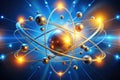Abstract atom model subatomic particles orbiting a central nucleus in a dynamic, energetic display of scientific exploration. Royalty Free Stock Photo