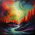 Abstract Aurora and Fire Dance Over River and Forest