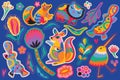 Abstract Australian animals, flowers and leaves. Big sticker set. Vector illustration