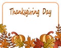 abstract autumn background, drawn yellow leaves, pumpkins and lettering Thanksgiving day on a light background, for cards Royalty Free Stock Photo